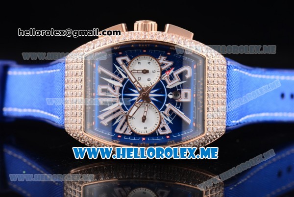 Franck Muller Vanguard Miyota OS20 Quartz Rose Gold Case with Blue Dial Blue Leather Strap Arabic Numeral Markers and Diamonds Bezel - Click Image to Close